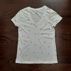 GAP White With Peaches Fitted Short Sleeve V-Neck T-Shirt